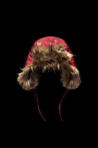 DOWN HAT- RED WITH FAUX FUR